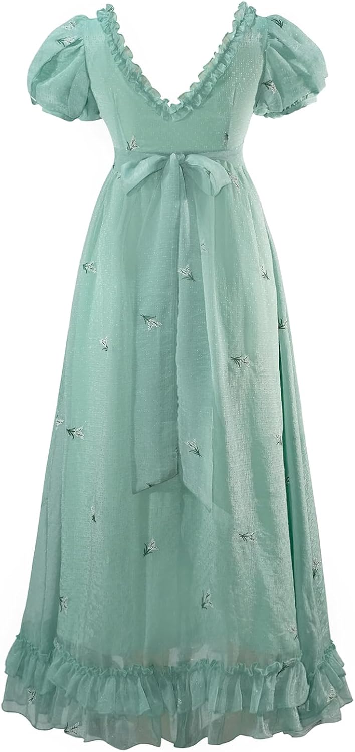 Regency Dresses for Women Elegant Ruffle Neck Puff Sleeve Empire Waist Dress