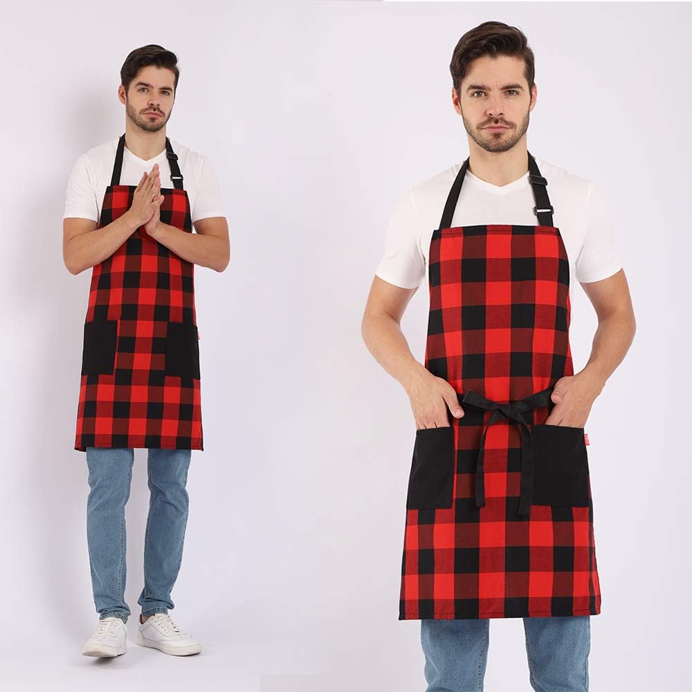 Chef Bib Apron for Men Women, Christmas Gift, Kitchen Cooking Apron with 2 Pockets, 40" Long Ties and Adjustable Neck Strap - 32" x 28" - Red/Black - Image 2