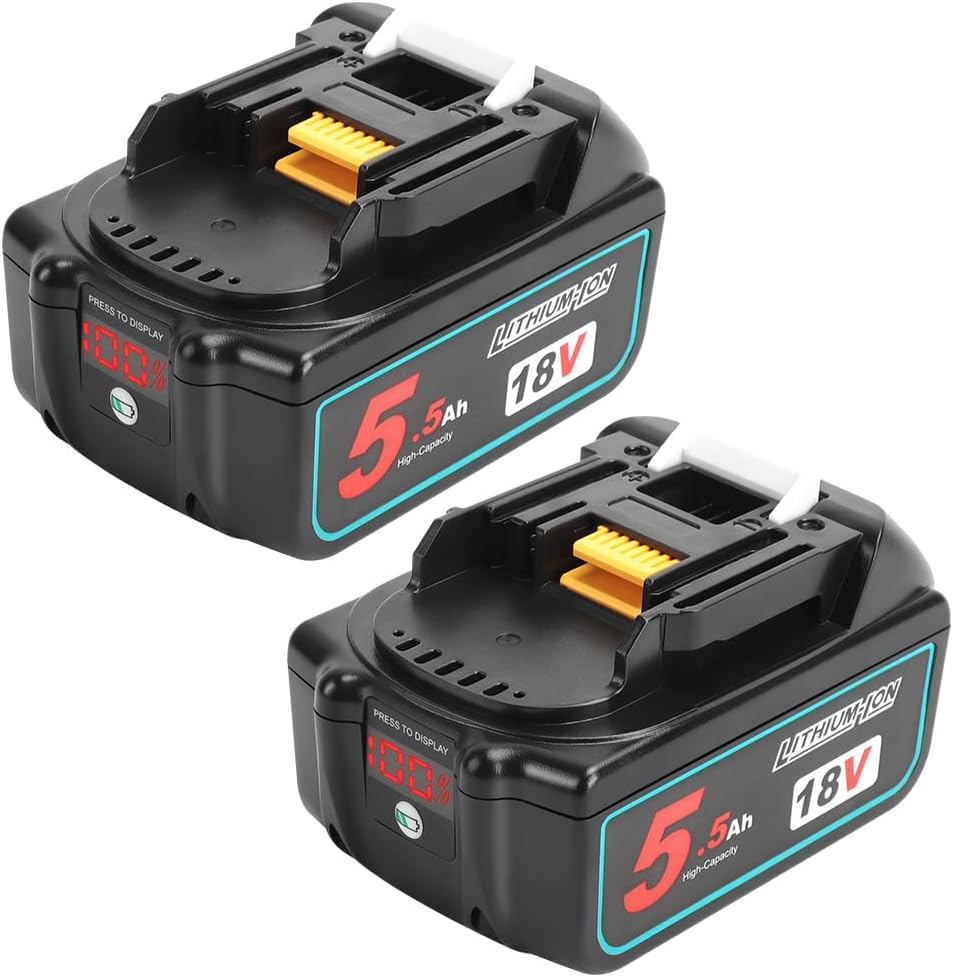 2 Pack 18V 5.5Ah BL1850B Compatible with Makita 5500mAh With LED Indicator Lithium Ion Replacement Cordless Battery BL1830 BL1830B BL1840 BL1840B BL1850 BL1860 BL1845 BL1815 Power Tools