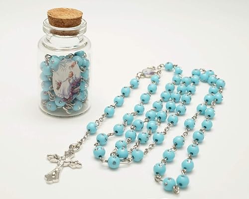 Miniatura 5 de -12 piezas Rosario de bebé bendecido en frasco de vidrio con cuentas Rosario Recuerdos de Bautizo Crucifijo católico de plata collar de fiesta