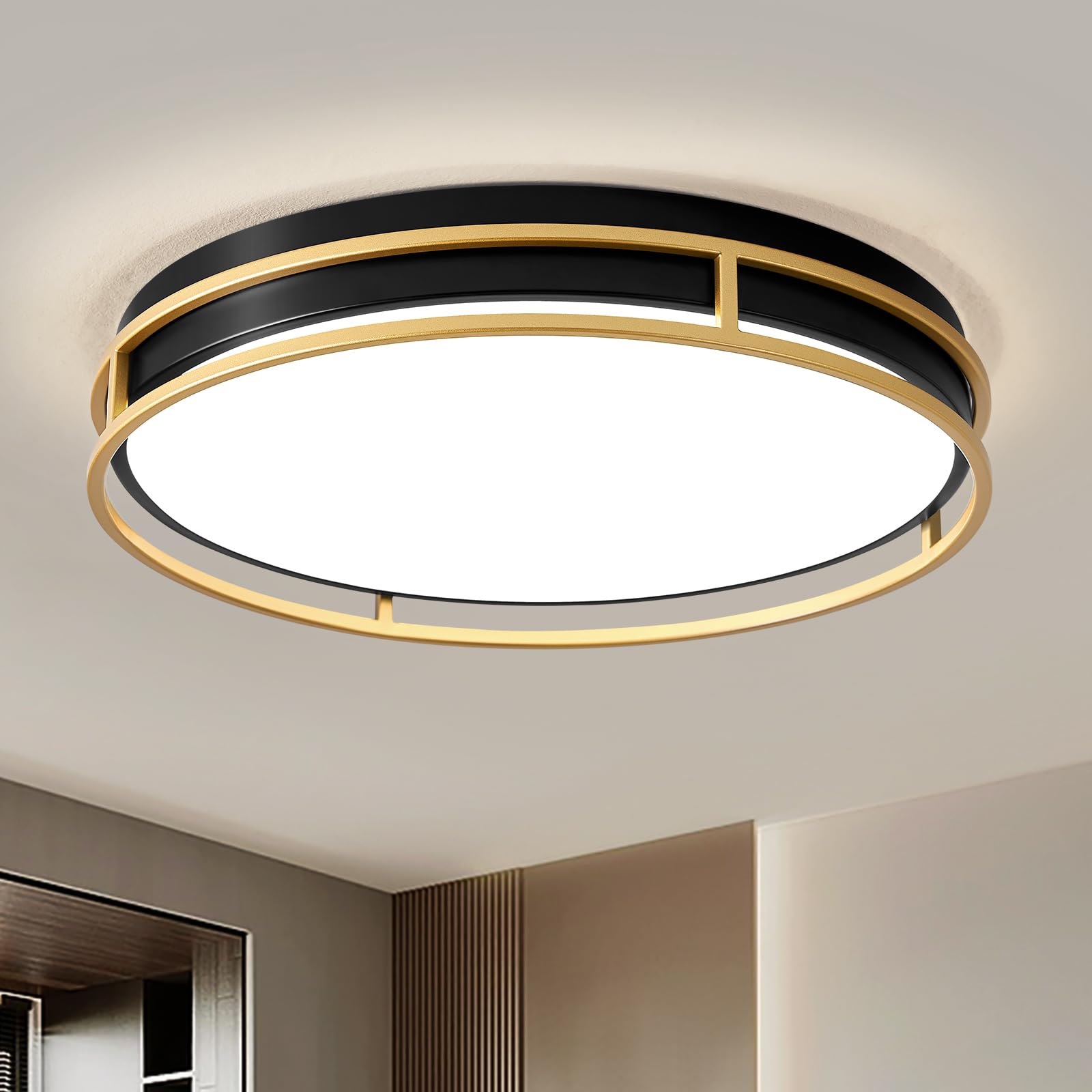 Vikaey Ceiling Lights 11.81 in,Flush Mount Round Modern Led Ceiling Light,Black and Gold Metal LED Lamp for Living Room,Kitchen,Bedroom,Hallway 4000K 24W