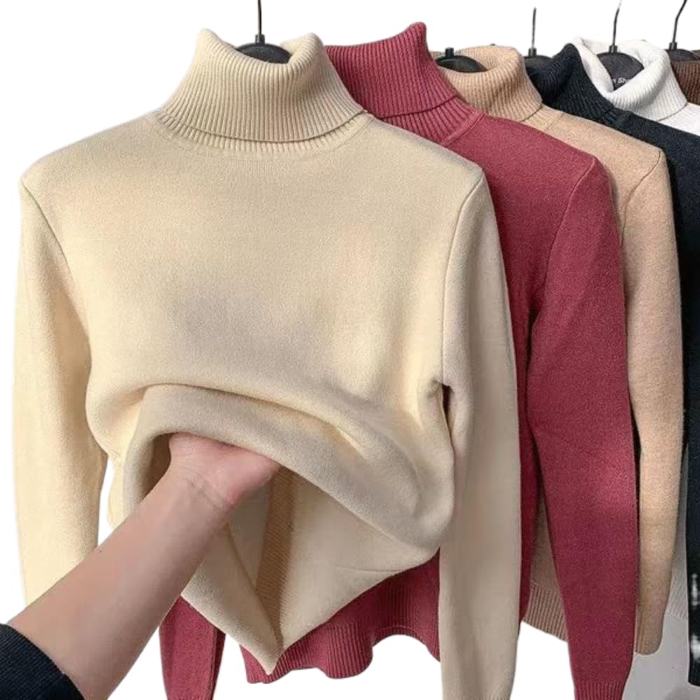 DYJAGYO Suéter de Invierno de vellón de Punto Grueso, Suéter de Lana para Mujer, Suéter cálido de Cuello Redondo para Mujer, Suéter de Cuello Alto de vellón para Mujer (Medium,Apricot)