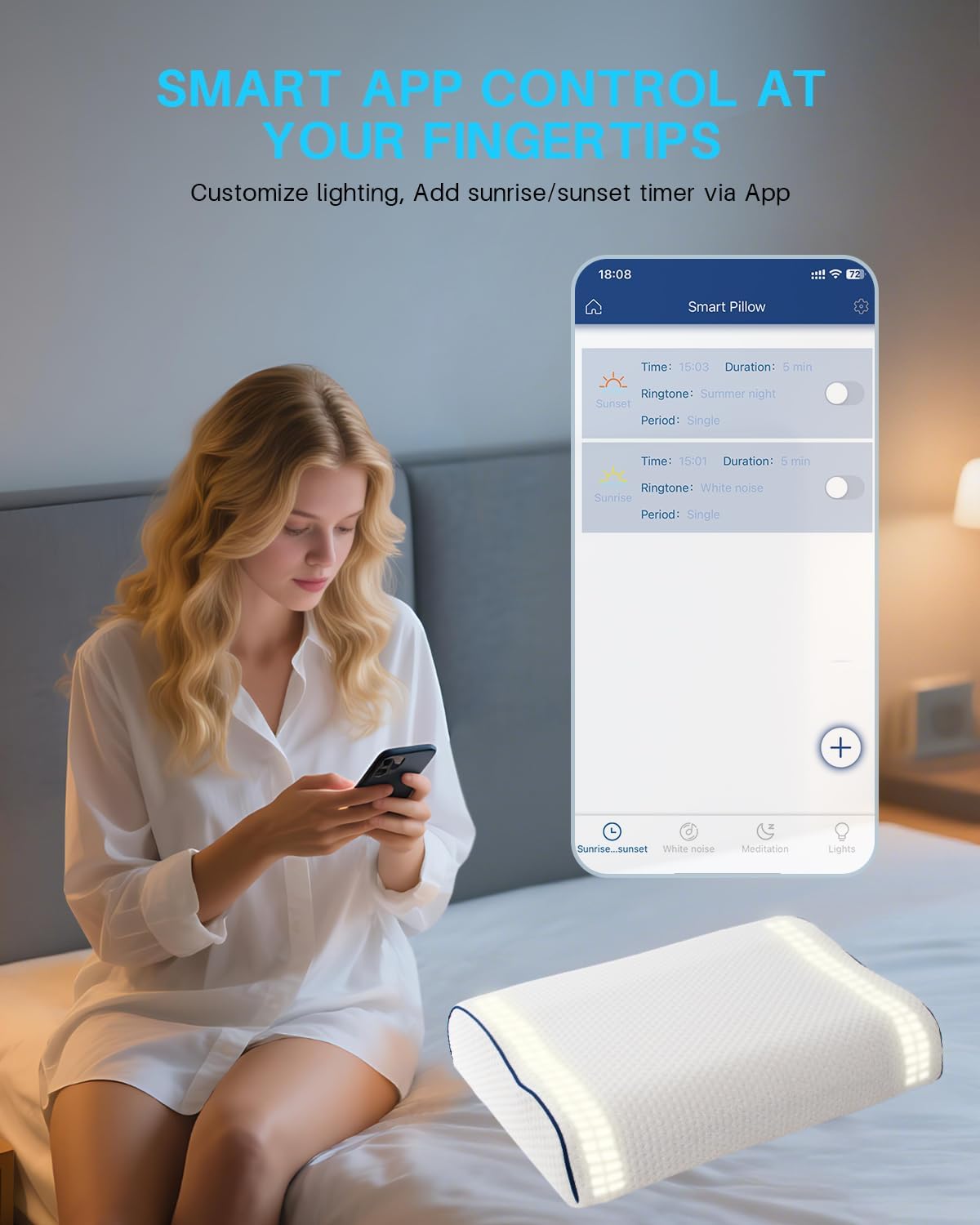 Hopihe Sunrise Alarm Clock Pillow with Natural Wake Up Light, Smart Cervical Neck Pillow for Sleeping, APP Control Sound Bluetooth Pillow for White Noise, Meditation, Sunrise Simulation
