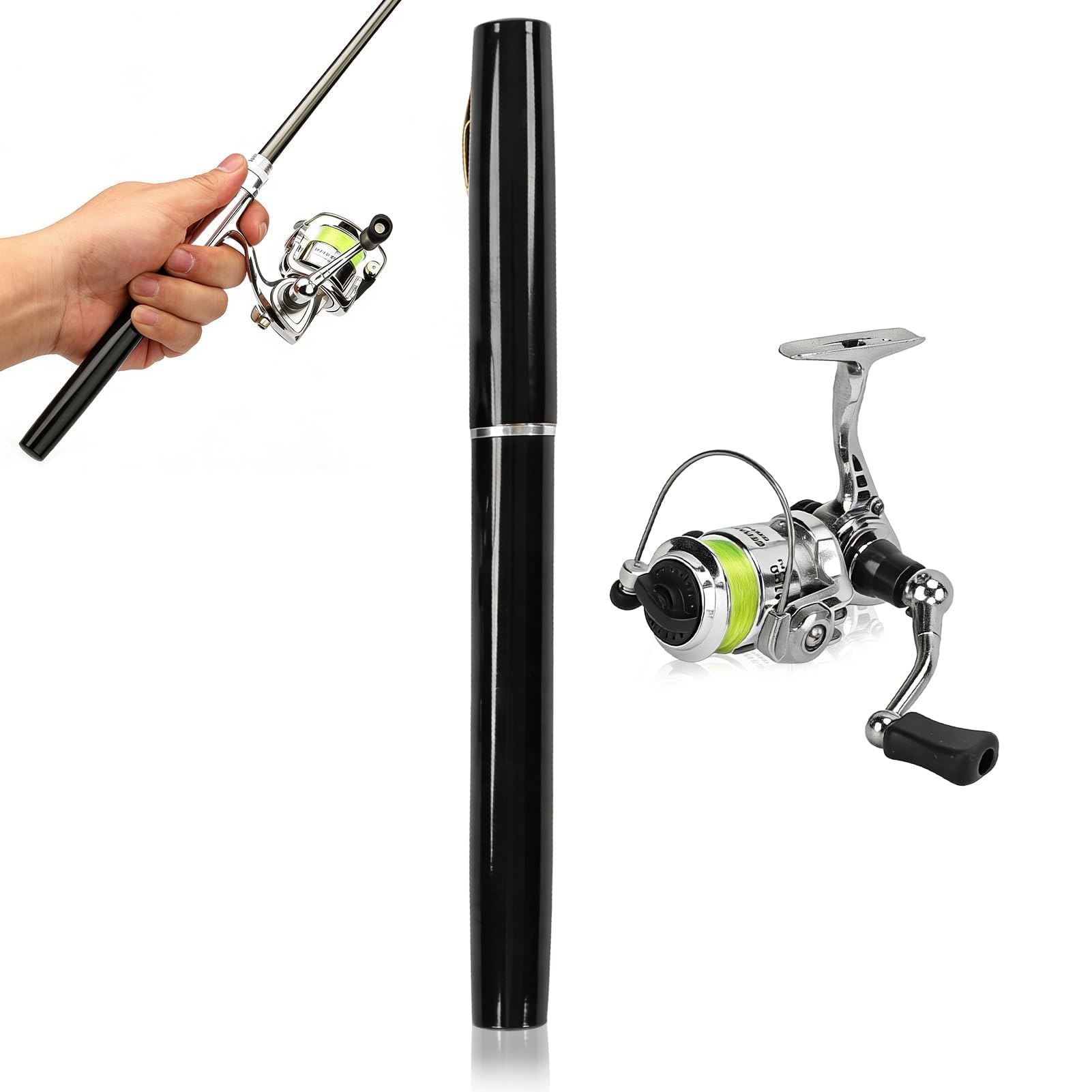 Mini Telescopic Fishing Rod and Reel Combo, Retractable Fishing Pole with Reel Wheel Lightweight Pocket Fish Pole Pen Shape Kit for Saltwater, Freshwater (Black)