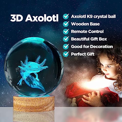 Image of 3D Axolotl Crystal Ball Night Light with Woodern Base,16 Colors with Remote Control Cool Desk Decor Gifts for Kids Friends (Axolotl-b)