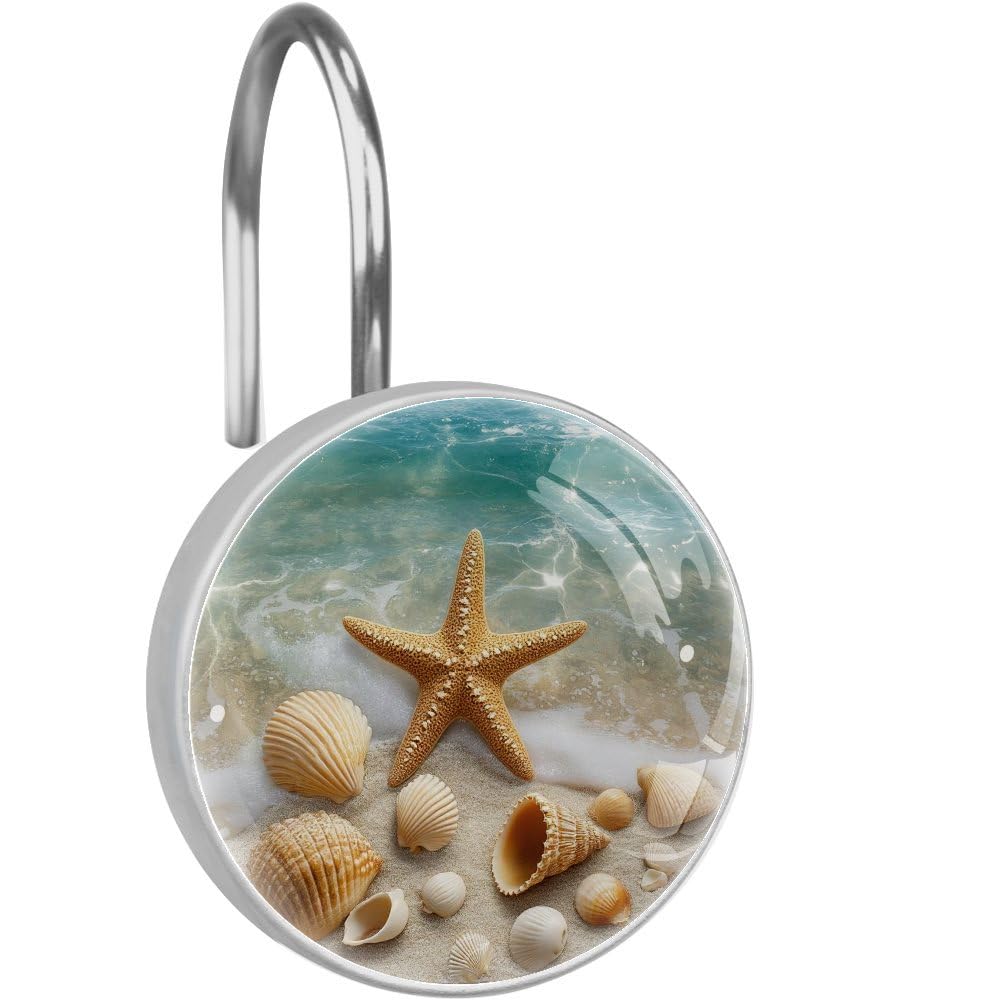 12 Pcs Shower Curtain Hooks, Starfish Shell Beach Rustproof Decorative Metal Round Shower Curtain Hangers Rings for Bathroom Bedroom Living Room Rods