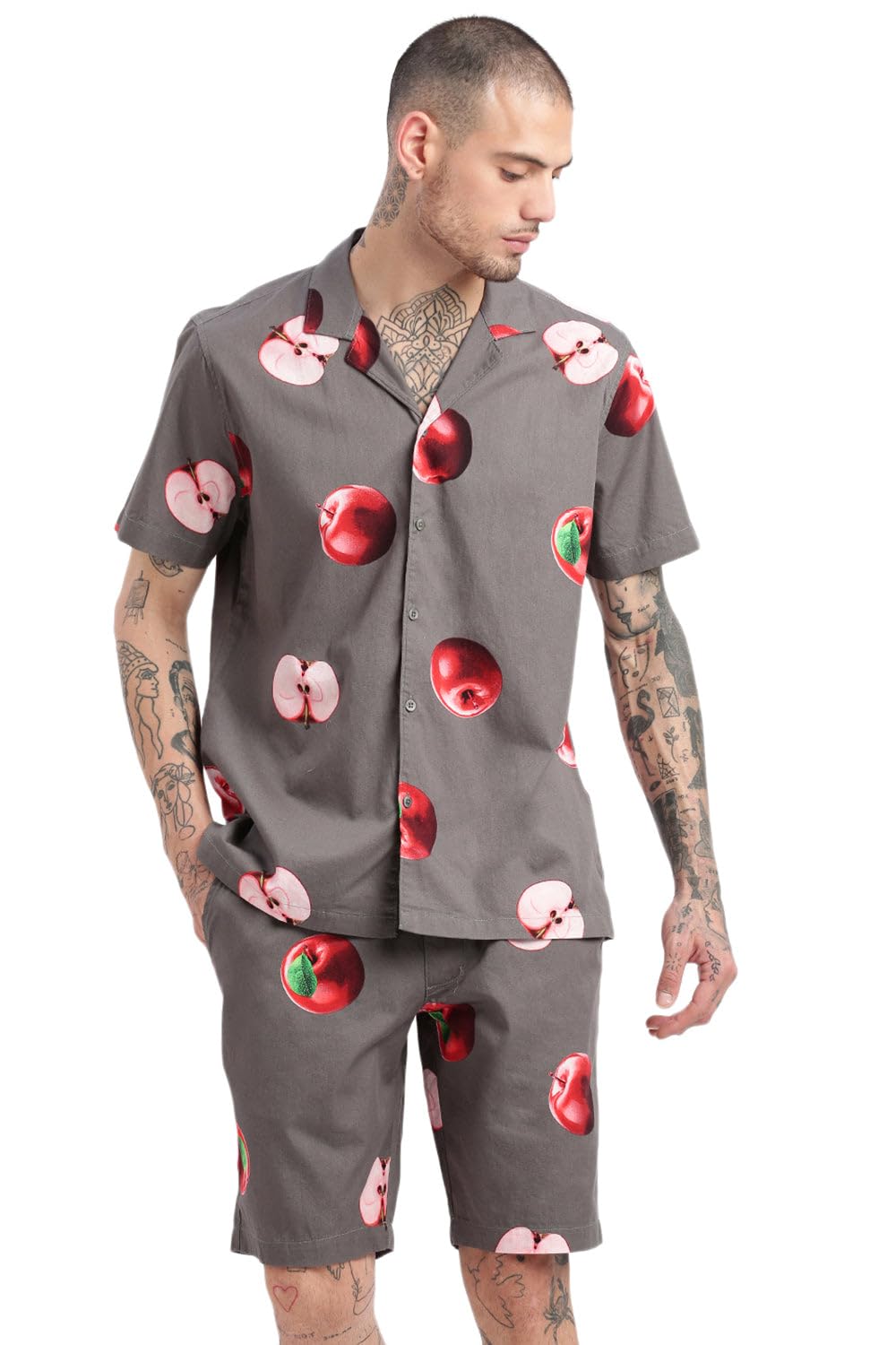 Men's Short Sleeves Graphic Cuban Collar Grey Co-Ords Set-Felix-2408_Grey-image-41