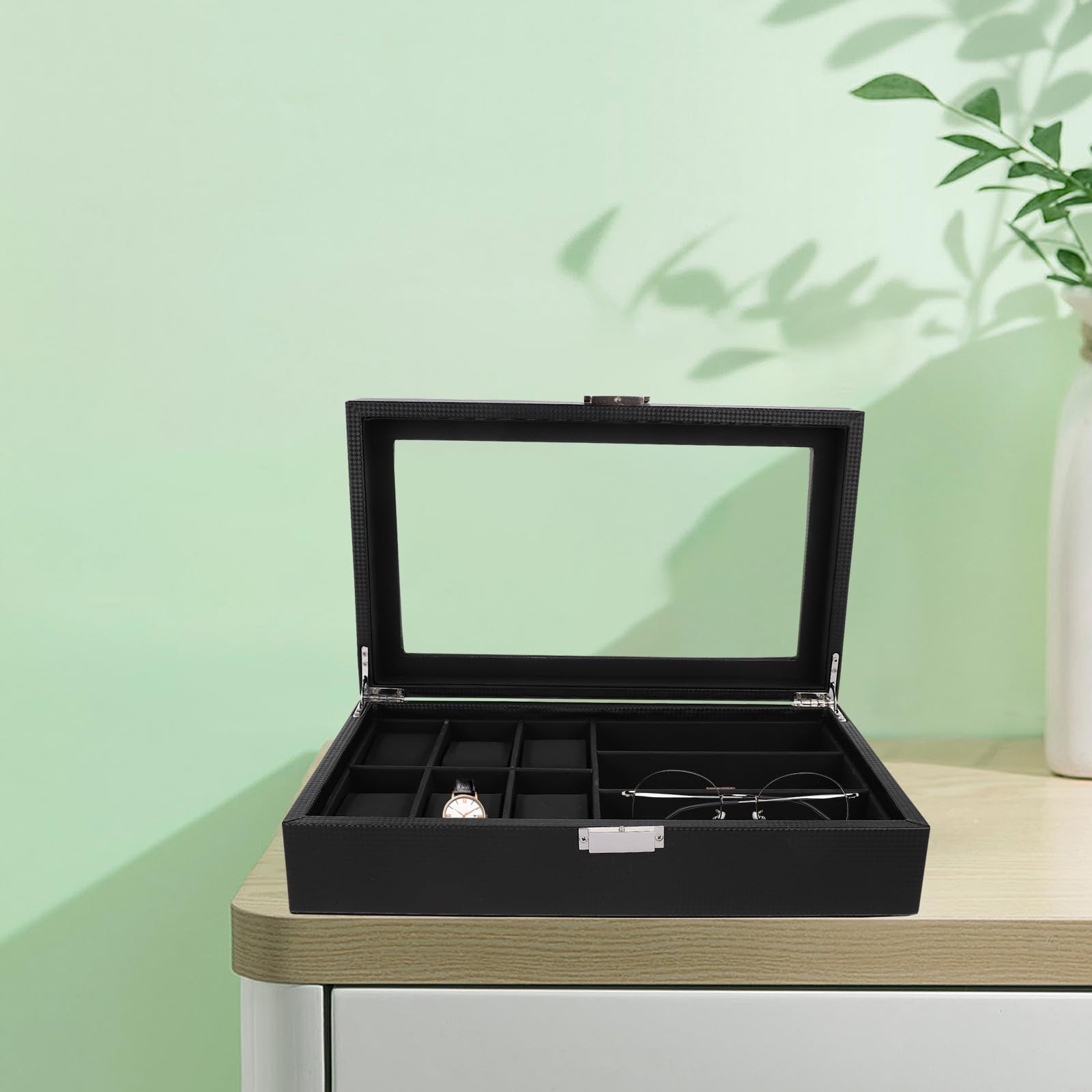 Veemoon Caja para Gafas y Reloj de 6 Compartimentos Vidrio Negro