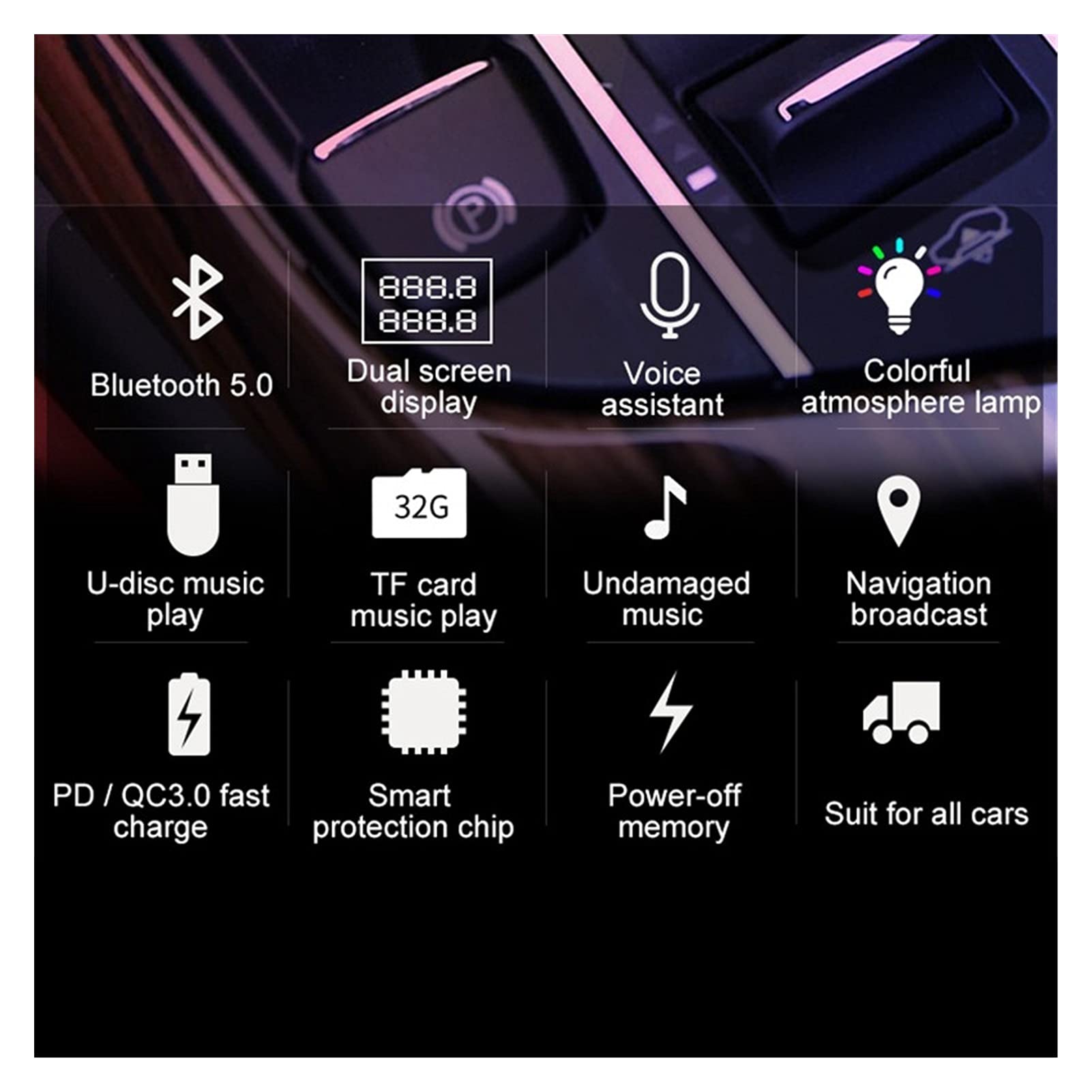 Adaptateur Audio Bluetooth Double USB Chargeur PD + QC3.0 Chargeur Bluetooth 5.0 FÉMININ Lecteur mp3 de Voiture transmetteur avec DSP A2DP Mode Support de lumière colorée U Disk