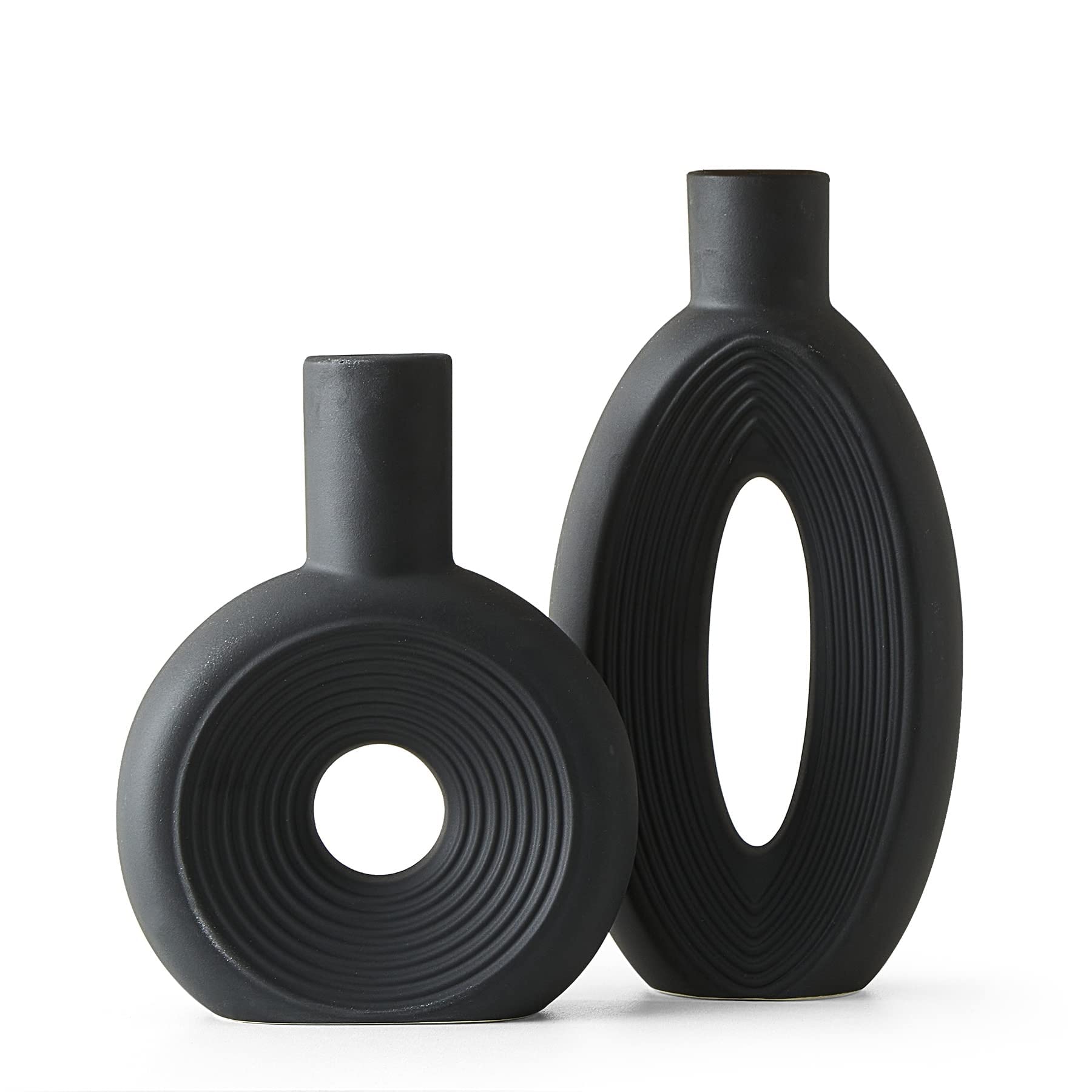 Black Vase Set of 2 Unique Ceramic Vases Small and Large Ribbed Vase, Boho Style Pampas Grass Flower for Modern Home Decor Round Vase for Living Room, Shelf, Mantel, Centerpiece for Table (Black)