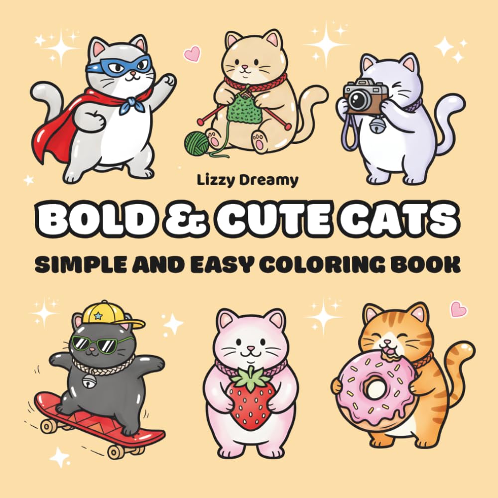 Bold & Cute Cats: 35 Bold and Easy Cat Illustrations: A Simple and Easy Coloring Book for Adults and Kids (Kawaii Chubby Cats for Stress Relief)