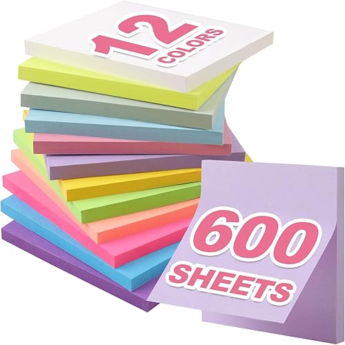 Paquete de 12 notas adhesivas, notas adhesivas coloridas de 3 x 3 pulgadas, 50 hojaslibro de colores brillantes, bloc de notas autoadhesivas, blocs