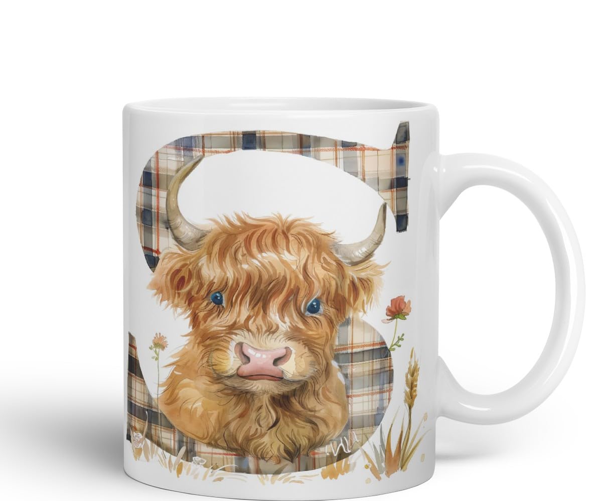 Vixar Highland Cow Alphabet Monogram Coloured Ceramic Cup Mug – Letter S – Rustic Farmhouse Animal Letter Gift – 11oz (White)