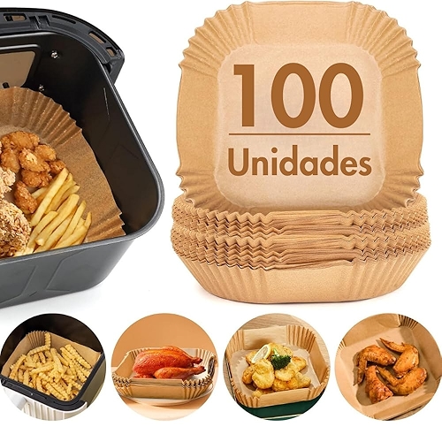 Kit com 100 Formas De Papel Para AirFryer Descartável Quadrada Antiaderente Premium Protet... Kit com 100 Formas De Papel Para AirFryer Descartável Quadrada Antiaderente Premium Protet...