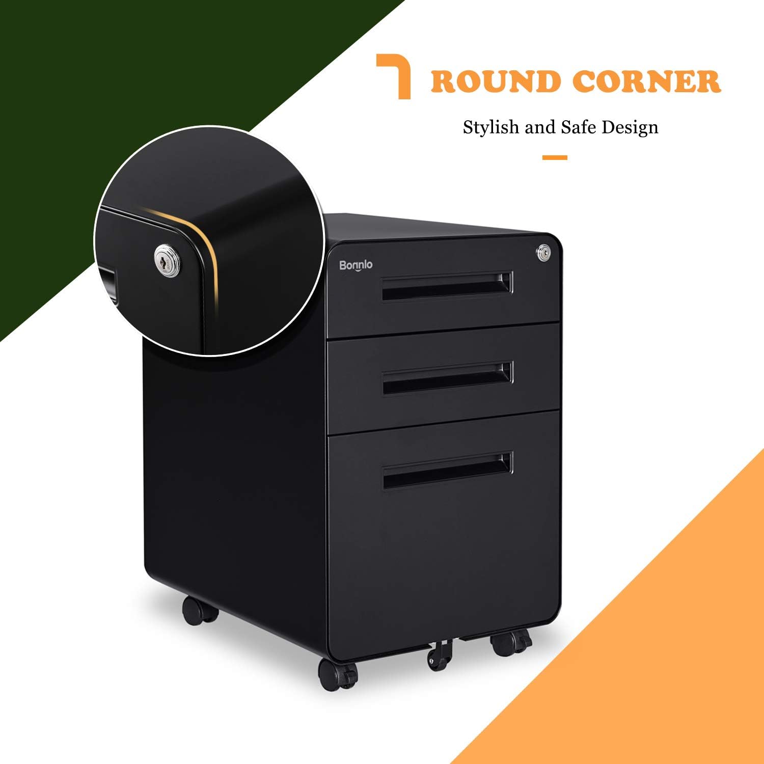 Bonnlo 23.8" H 3 Drawer Rolling File Cabinet With Lock, Mobile Under Desk With Pencil Tray, Black Locking for Home Office, Metal Filing Printer Stand Fully Assembled