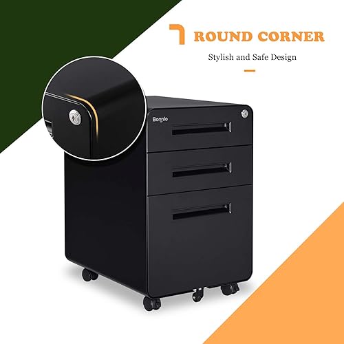 Miniatura 7 de Bonnlo Archivador con 3 cajones de 23.8 pulgadas de alto con cerradura, móvil debajo del escritorio con bandeja para lápices, bloqueo negro para