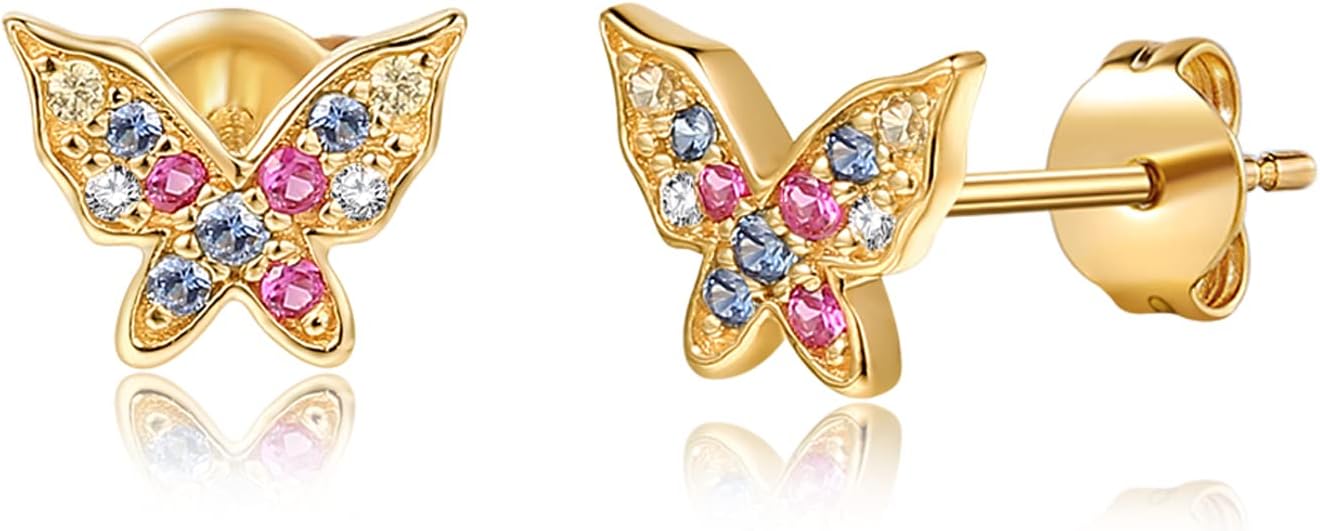 FANCIME Butterfly Studs 14K Solid Yellow Gold Multicolored 0.132ct Sapphire 0.012ct Diamond Small Tiny Cute Stud Earrings for Women Valentines Day Gifts