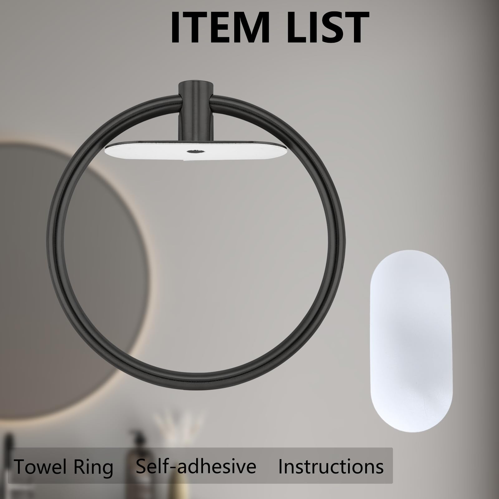 Juego de 2 Anillos de Toalla autoadhesivos para Cuarto de baño, Cocina, con Adhesivo Fuerte, sin taladrar, de Acero Inoxidable, antioxidante, Organizador Moderno de baño de Negro