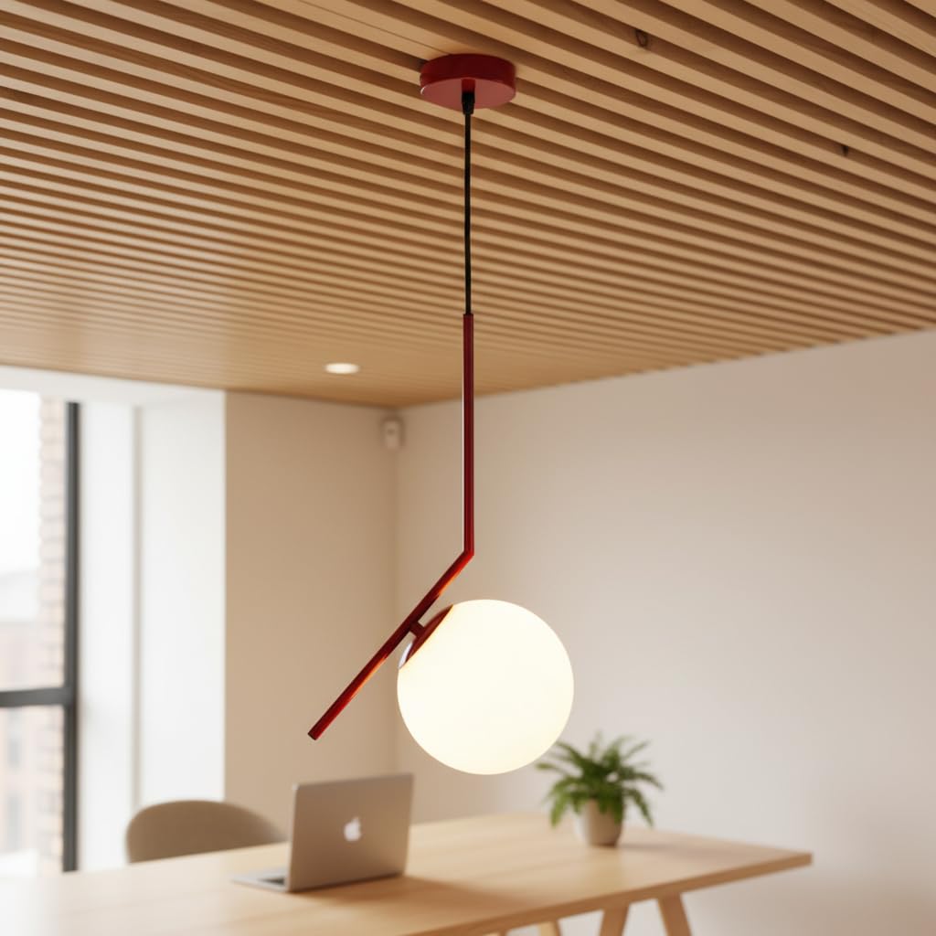 BARCELONA LED Lampada a Sospensione in Vetro a Sfera E27, Corpo in Metallo Alluminio con in Vetro Opalino, Stile Nordico Moderno Giapponese Industriale e Classico per Soggiorno e Cucina, Rosso