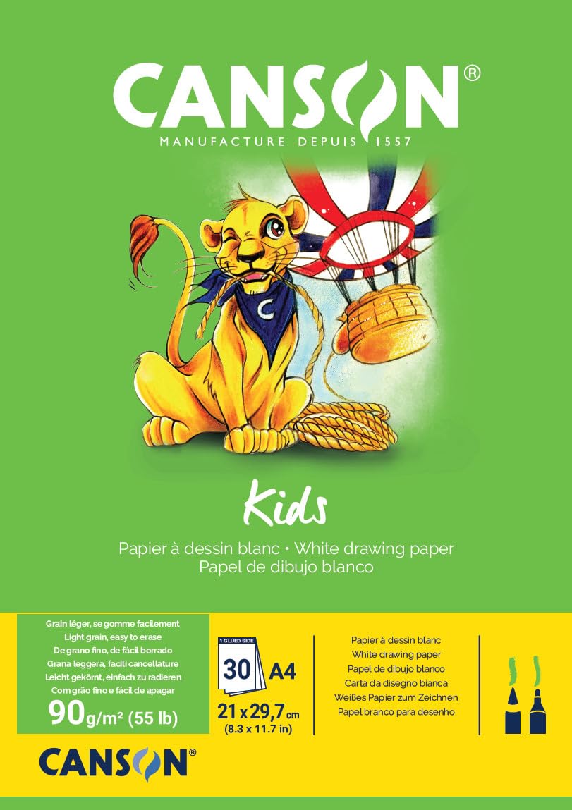 Canson Kids, Papel de dibujo blanco, Grando ligero, 90g, Encolados por el lado corto, A4-21x29,7cm, Blanco, 30 Hojas