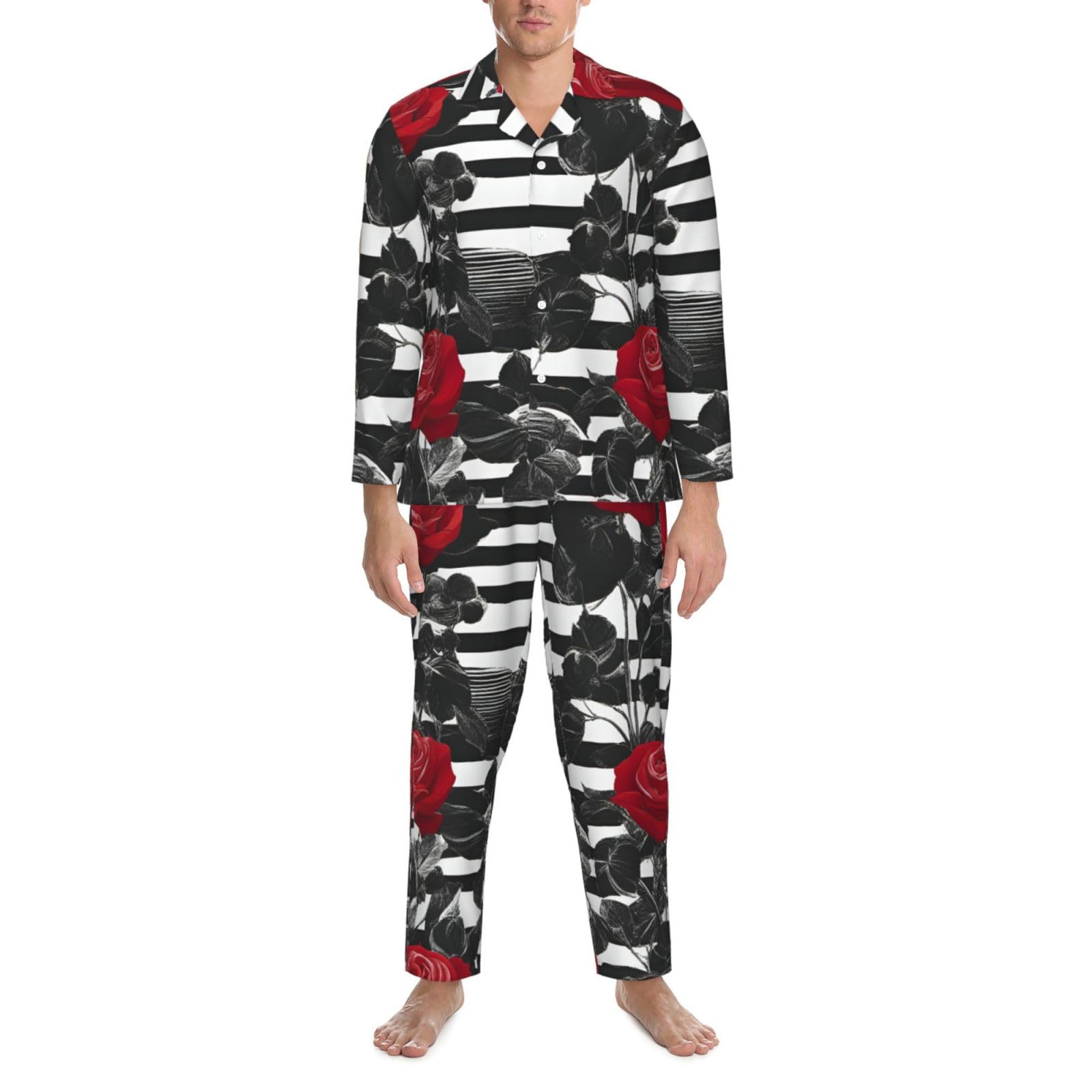 Nero Strisce Bianche Rosse Fiori Stampa Uomini Manica Lunga Pigiama Set Due Pezzi Home Wear Confortevole Indumenti Da Notte