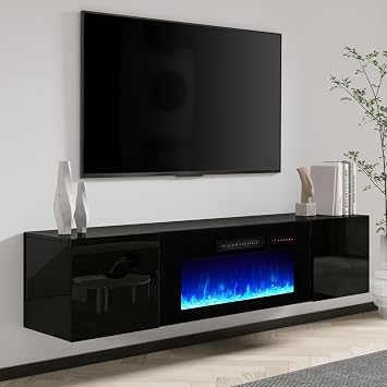 AMERLIFE 68" Floating TV Stand with 36" Electric Fireplace & LED Lights | Black High-Gloss Media Console, Modern Wall-Mounted Entertainment Center, Fits TVs up to 78", 2 Storage Cabinets