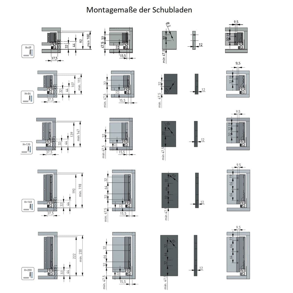 MS Beschläge Push to Open Schubladensystem Anthrazit Unterflurführung Schubkastensystem Vollauszug Schubladenauszug Schubladen-Set (Länge: 350mm, Höhe: 200mm)