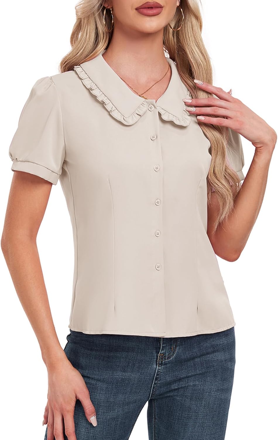 Womens Button Down Shirt Short Sleeve Peter Pan Collar Shirt Summer Work Office Blouses Top 2024 - Image 3