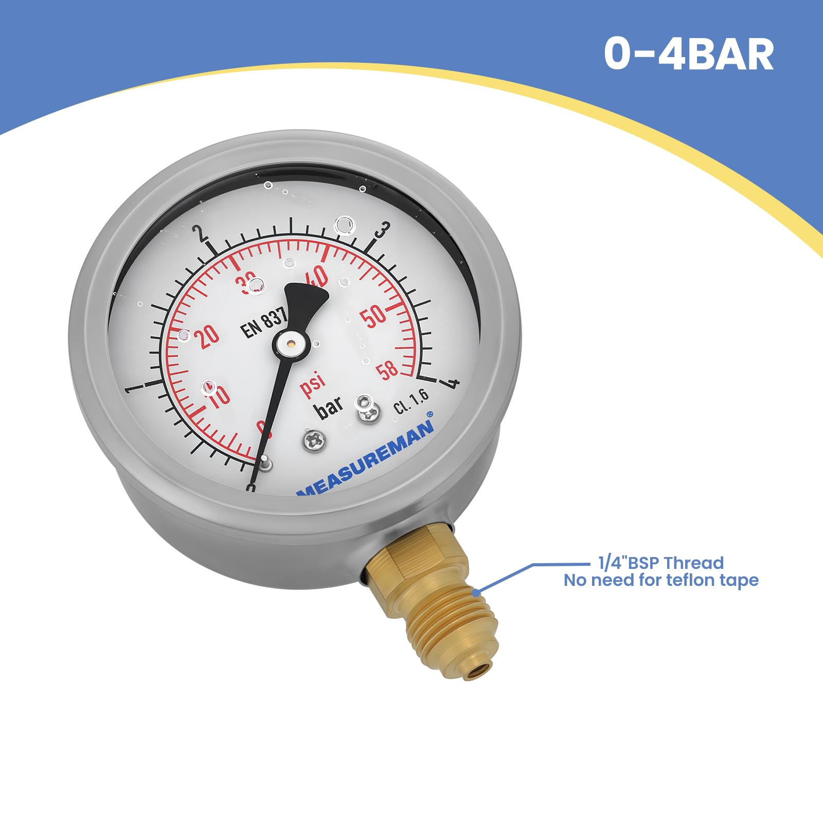 Manomètre, Manomètre Glycérine 2,5 pouces, 0-4 bar, boîtier en acier inoxydable 304, raccord inférieur 1/4" BSP