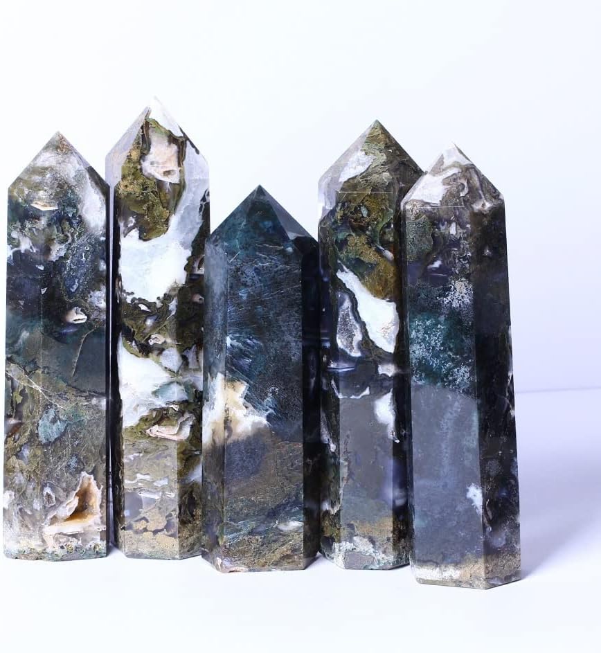 Quartz Decoration 1PC Natural Crystal Wand tip Moss Agate Tower can be Used for Decoration (Size : 7-8cm)