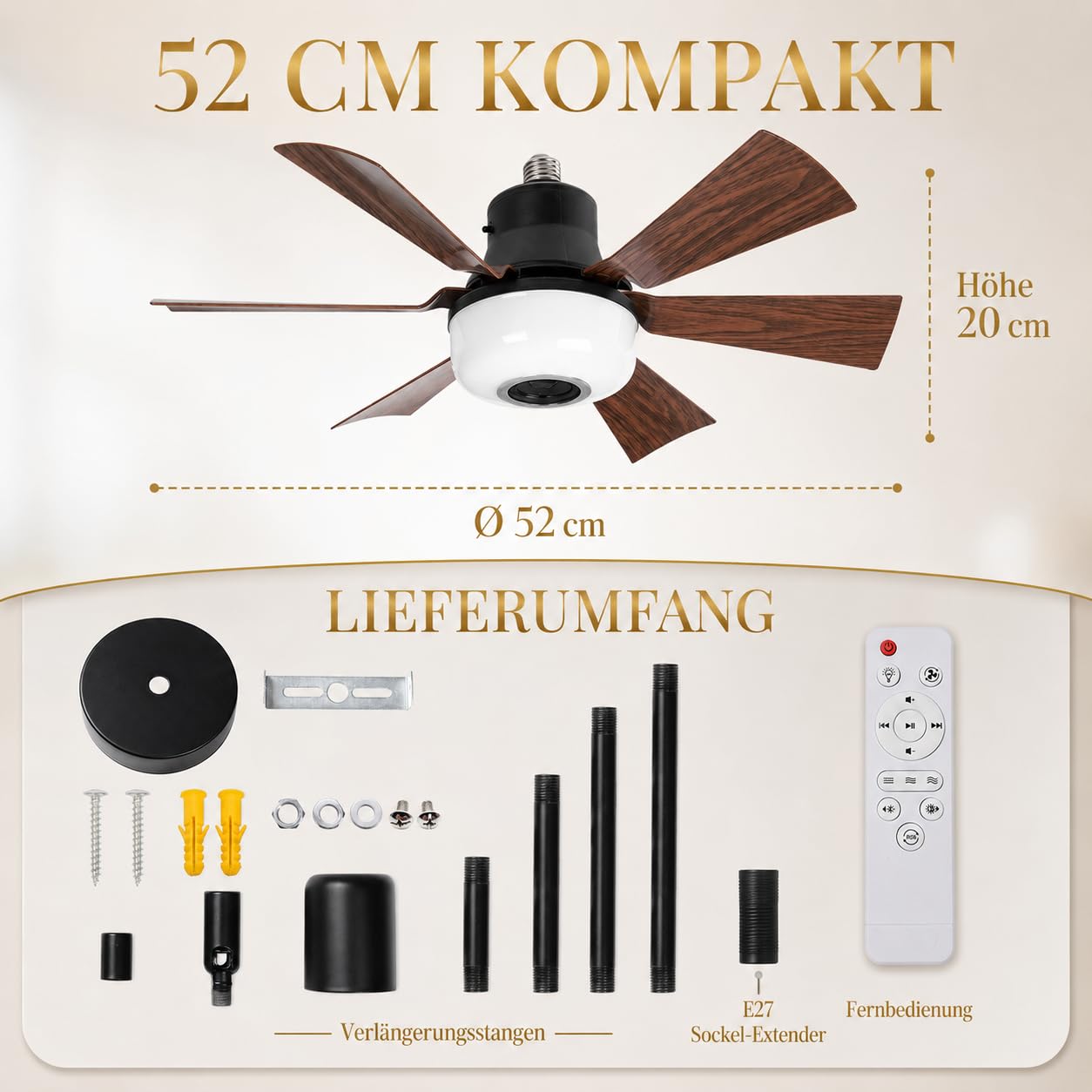 Deckenventilator mit Beleuchtung und Bluetooth Lautsprecher, Ø52cm E27 Klein Sockel Ventilator Lampe mit Fernbedienung RGB Dimmbar Höhen Verstellbar Schwenkbar für Schlafzimmer Kinderzimmer Küche