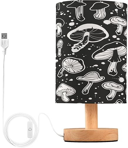 Lámpara de mesa de noche de hongos blancos y negros para mesita de noche para dormitorio, cuidado de los ojos pequeños, lámpara de lectura LED de