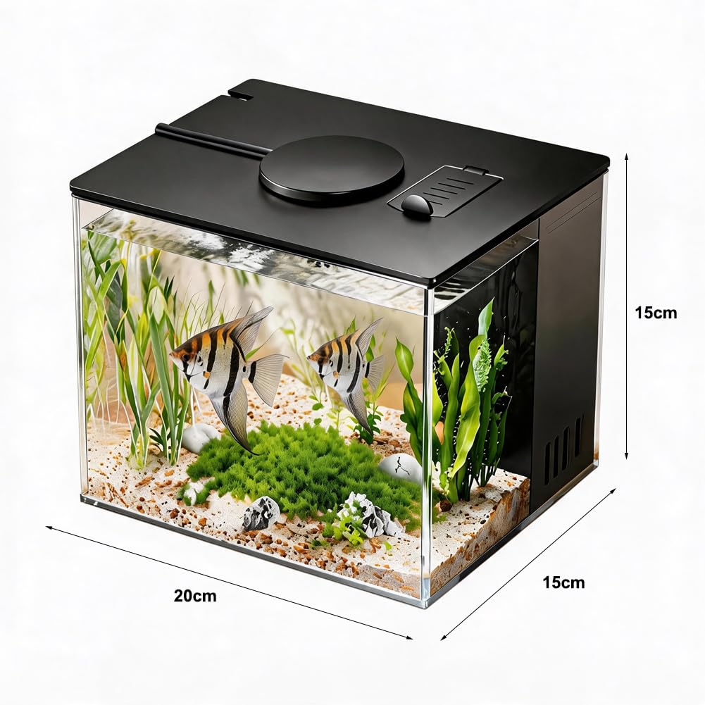 DASIAUTOEM Petit aquarium Betta complet 15 x 11 x 13 cm, mini aquariums en acrylique, aquarium, luminaires, nourriture pour poissons et système de filtration intégré, pour petits poissons, crevettes