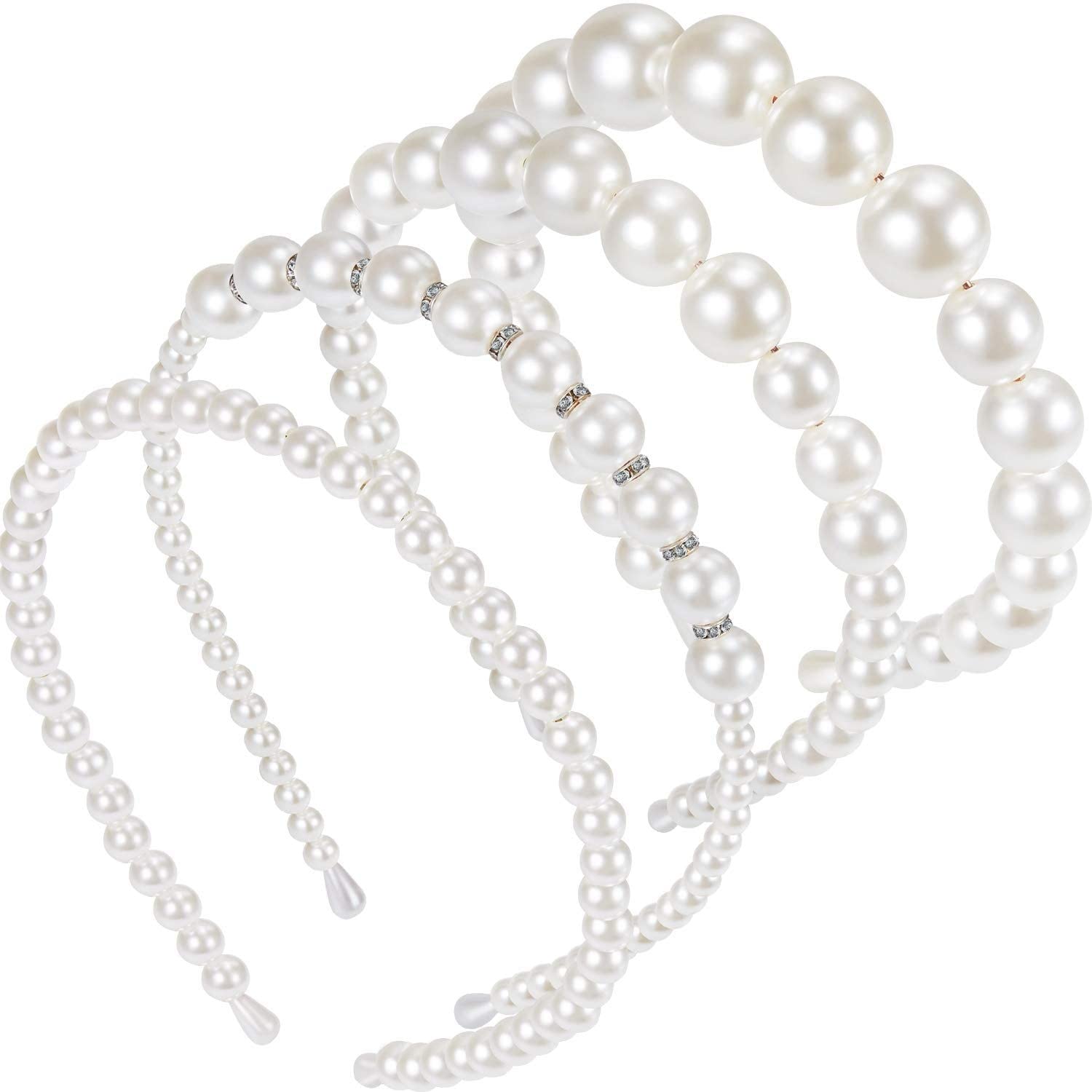4 Pieces Pearls Headbands Women White Faux Pearl Rhinestones Hairbands Bridal Hair Hoop Wedding Hair Accessories for Girls (Style Set 1)-image-35