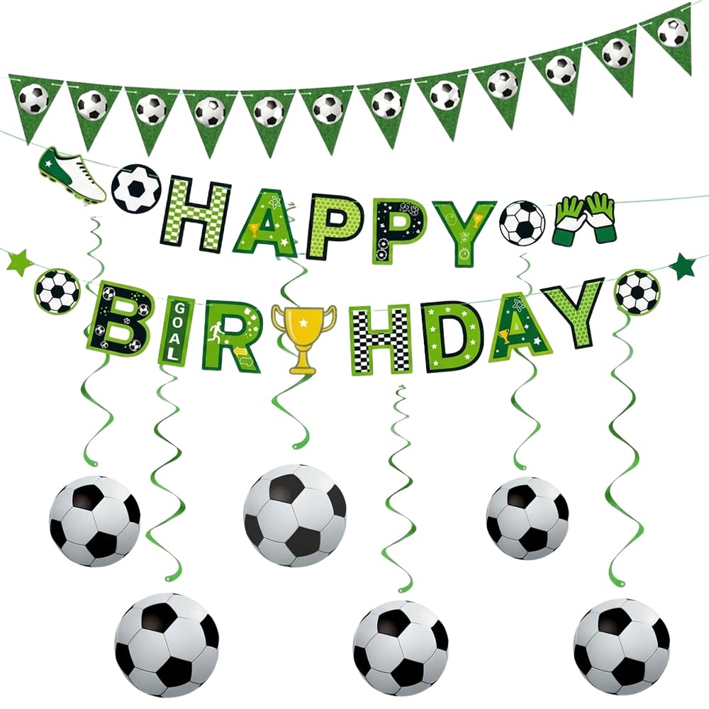 3 Pcs Football Birthday Banner, Green Pennant Bunting & Soccer Hanging Swirls for people Sports Theme Party Supplies