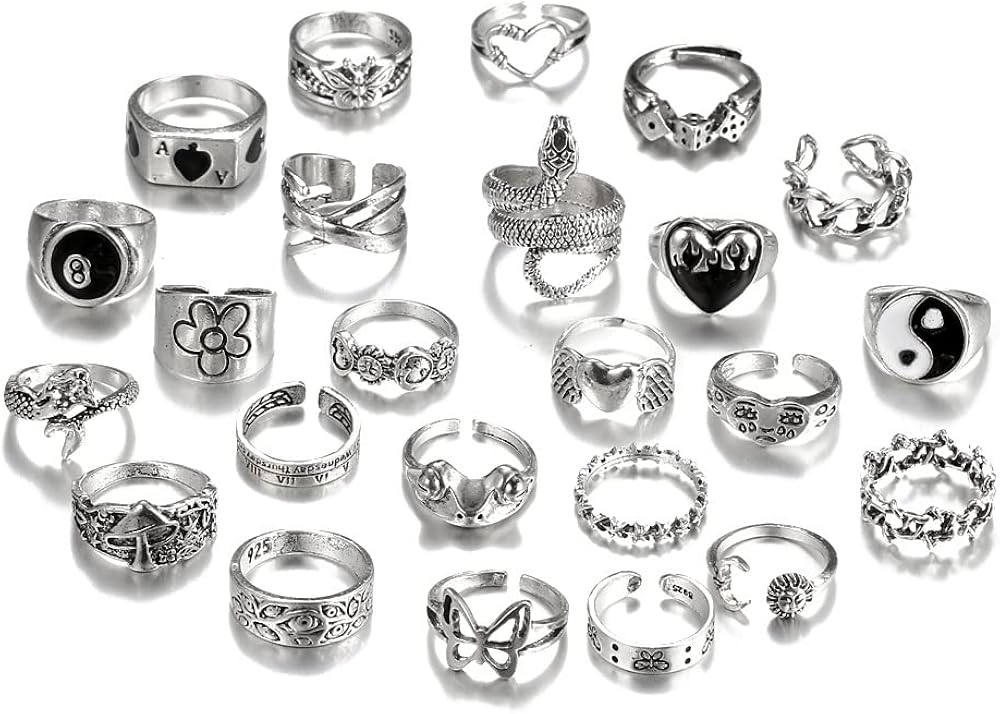 TOFBS Vintage Silver Punk Rings Set, Men & Women Chunky Knuckle, Emo, Stackable Animal, Goth, Boho Y2K Ace, Butterfly