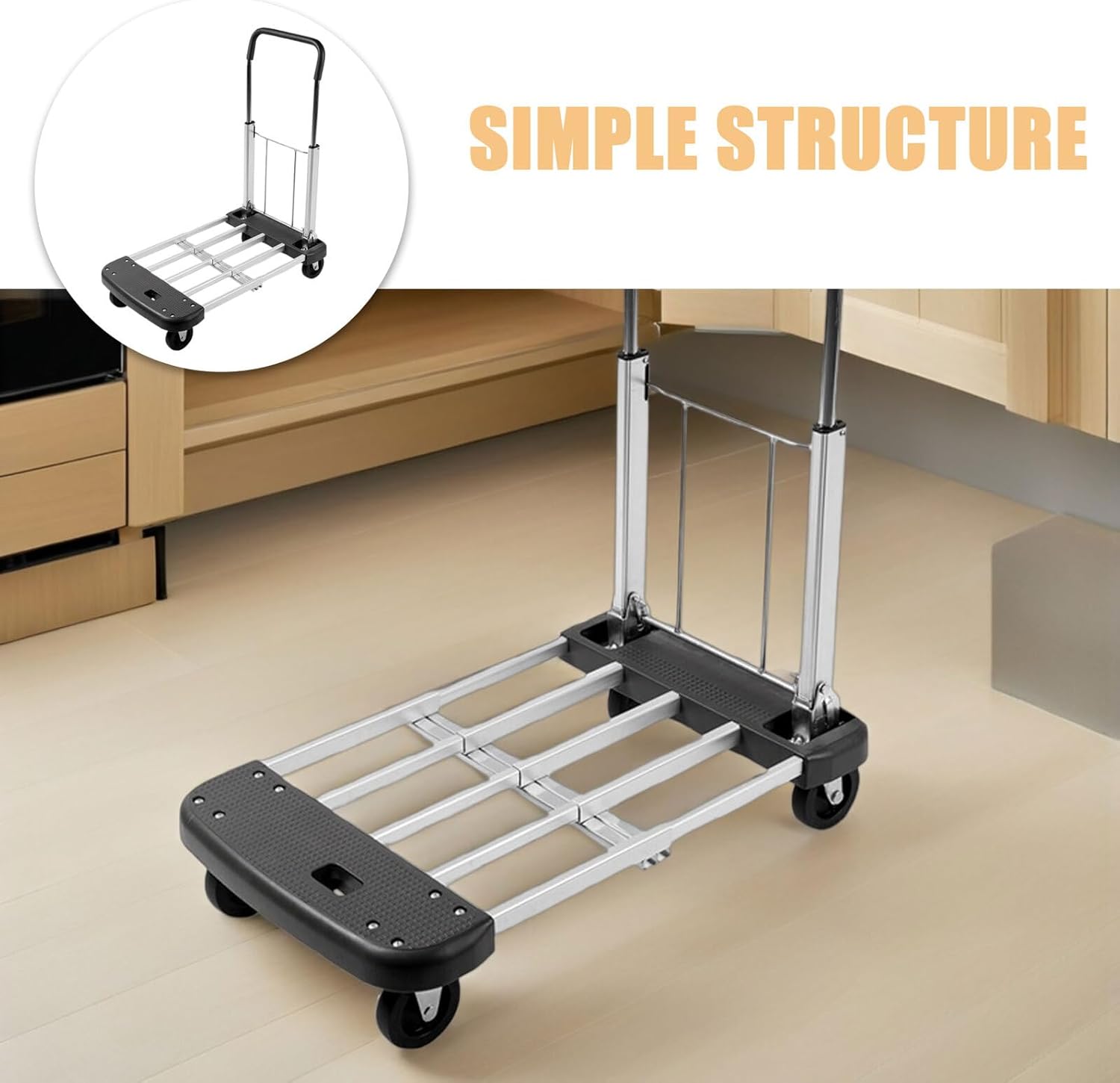 Folding Hand Truck Dolly Portable Cart with 4 Silent Wheels, Compact Folding Trolley for Luggage and Shopping, Lightweight Transportation Tool for Home and Travel