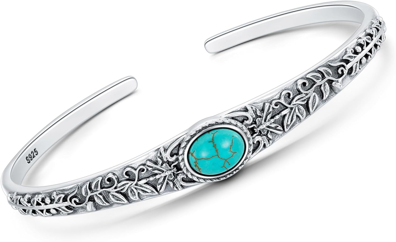 Genuine Turquoise Bracelet, Sterling Silver Vintage Adjustable Bangle Cuff Native American Boho Jewelry for Women, Fit for 6.5 7 7.5 Inches