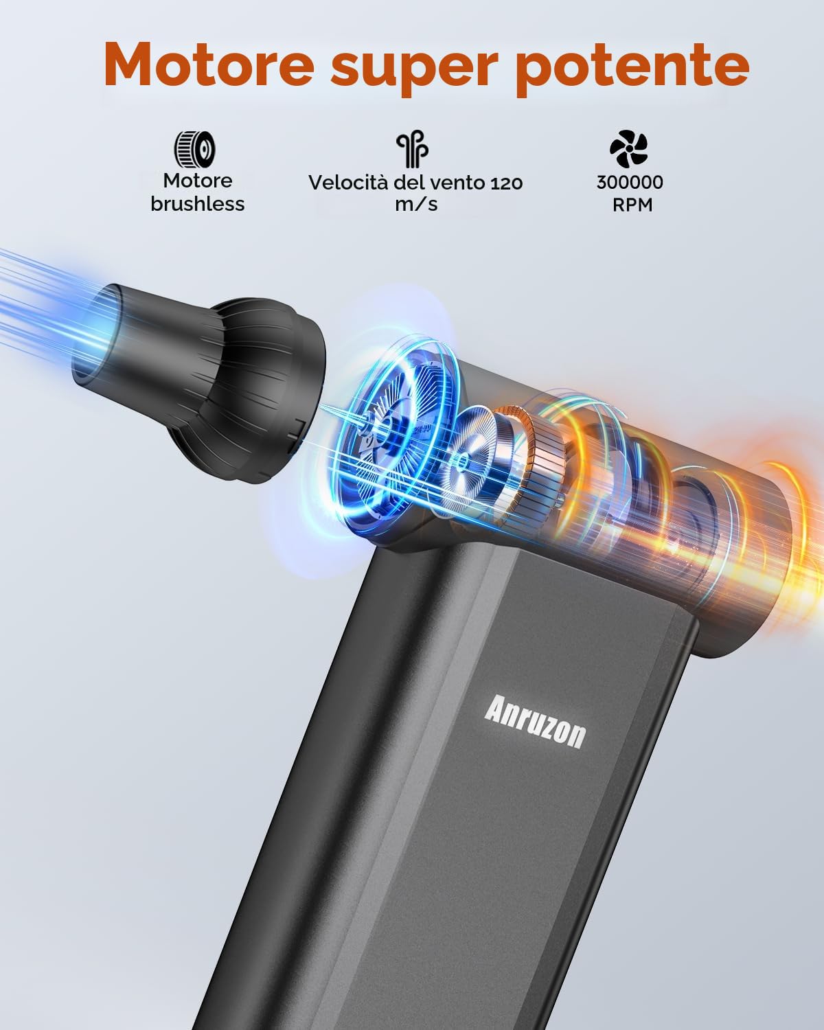 Soffiatore d'Aria Elettrico per Pulizia PC, Spray Aria Compressa 300000 RPM, 8 Velocità, Ricaricabile 7600mAh, Pulizia Tastiera, Elettronica, Interni Auto, Divano