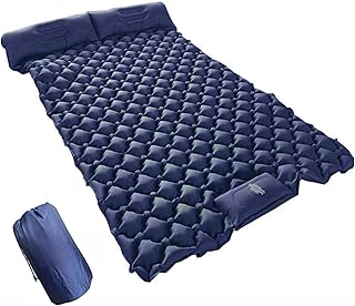 Colchão de dormir inflável tapete de acampamento duplo com travesseiro, tapetes impermeáveis e à prova de umidade, almofada de dormir com bomba de ar embutida, tamanho de pacote ultraleve e pequeno, para mochila (azul escuro)