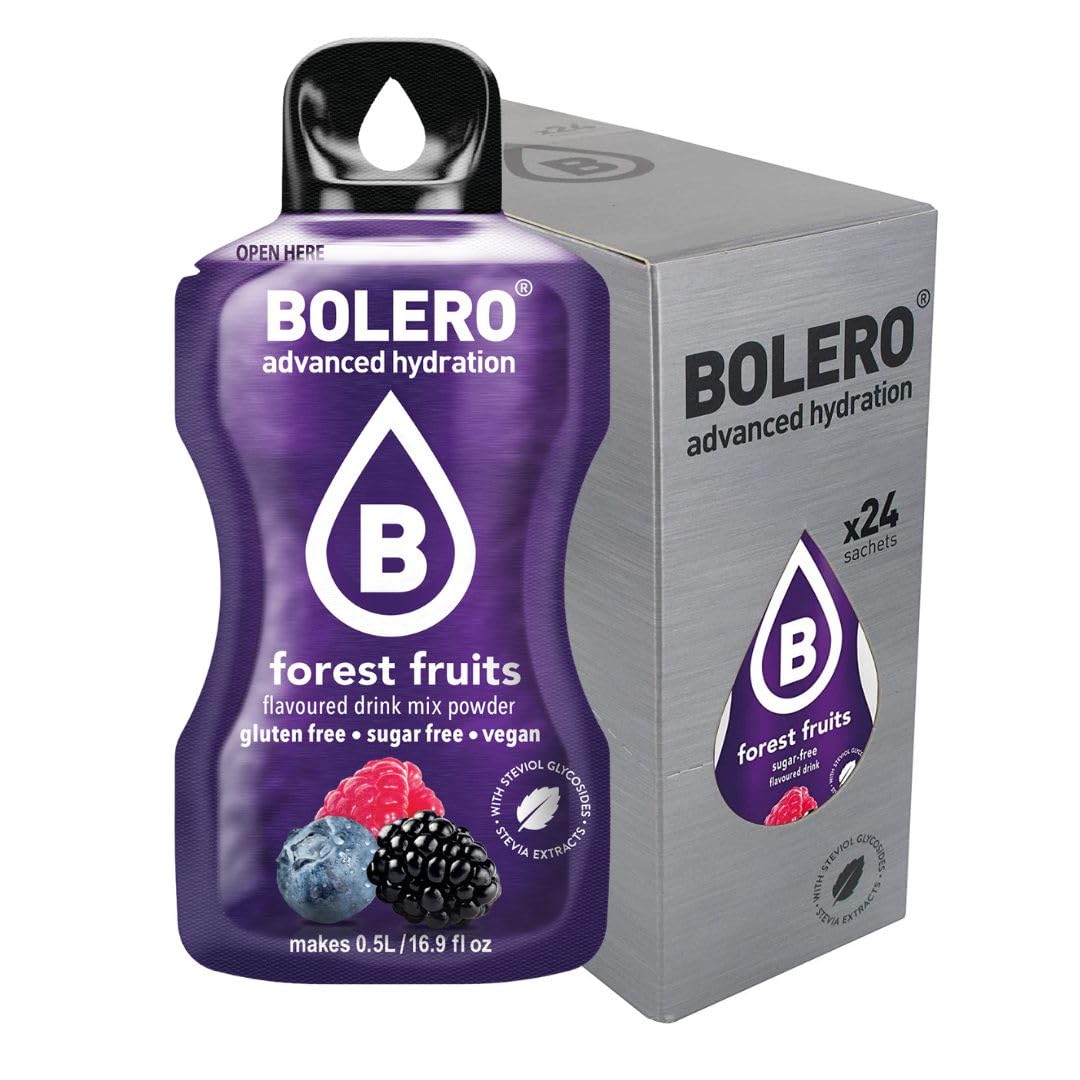 Bolero Drink 24 saszetki 3 g pałeczki owocowe preparat do rozpuszczalnego proszku do świeżego napoju w wodzie, 72 g słodzony stewią (Forest Fruits)