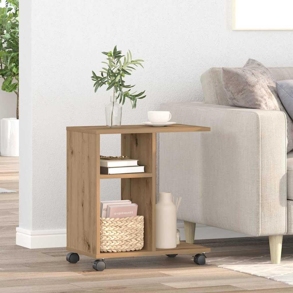 Mesa auxiliar de madera de roble Artisan, 50 x 30 x 55 cm, con estante y ruedas, ideal como mesa de centro, mesita de noche, mesa de sofá, mesa de almacenamiento, para salón, dormitorio