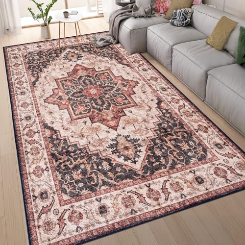 homeart Machine Washable Rug -%63 Cotton, Low Pile Carpet with Non Slip Backing - Non-Shedding Area Rugs for Living Room, Bedroom, Kitchen, Dining Room, Hallway - Elegance Brown Beige, 120x170 cm