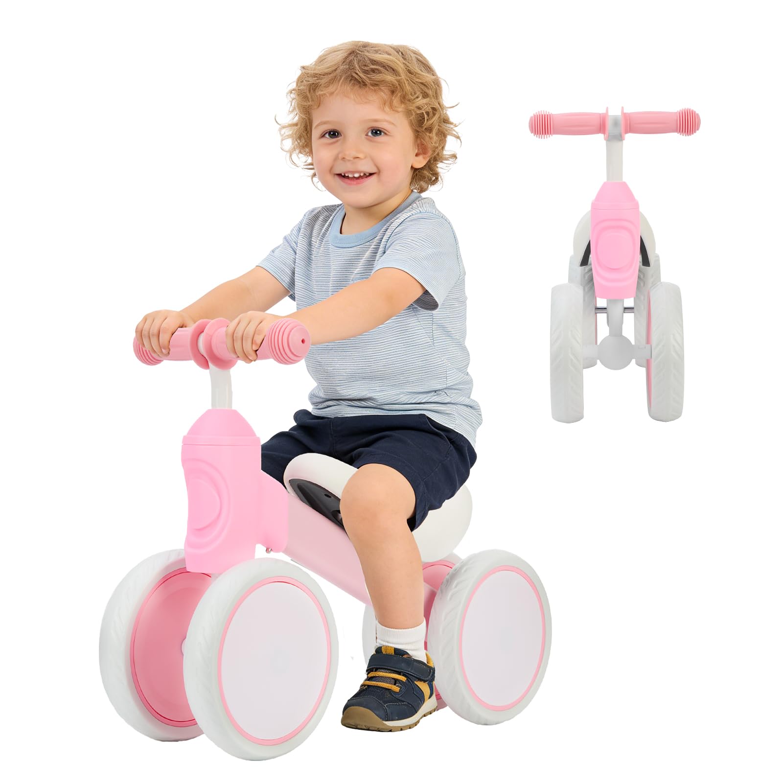 LN COZY CORNE Baby Balance Bike for 1-2 Year Old Boys Girls Toddlers, Lightweight Baby Balance Bike with 135° Steering Limiter, Adjustable Seat 4 Wheels Infant Bik (Pink)