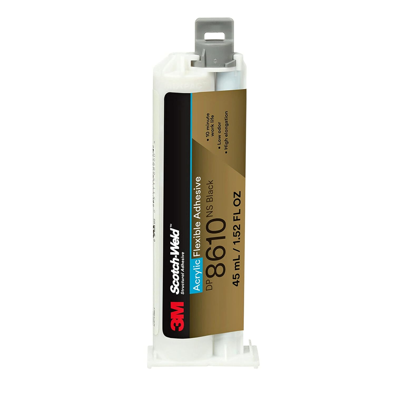 3M Scotch-Weld Flexible Acrylic Adhesive DP8610NS, 8610, Black, Low Odor, High Elongation, 45 mL (1.52 fl oz) Duo-Pak, 1 Each