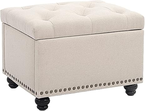 CangLong 24 Inch Tufted Lift Top Storage Ottoman Bench, Linen Foot Rest Stool with Foam Padded Seat, End of Bed Bench & Shoe Bench for Bedroom Living Room Entryway, Easy Assembly, Beige