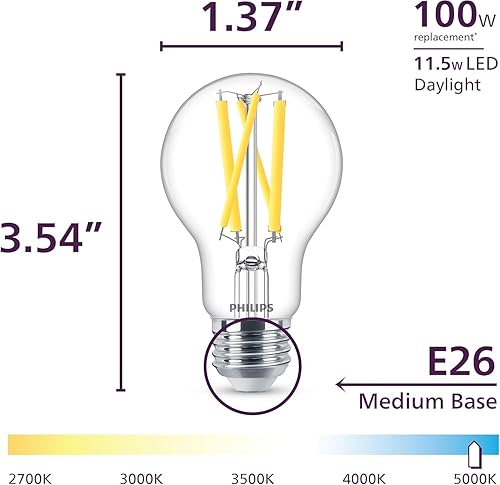 Miniatura 2 de Philips LED - Foco A19 regulable transparente sin parpadeo. Tecnología EyeComfort, 800 lúmenes, luz diurna (5,000 K), 8 W=60 W, base E26, blanco