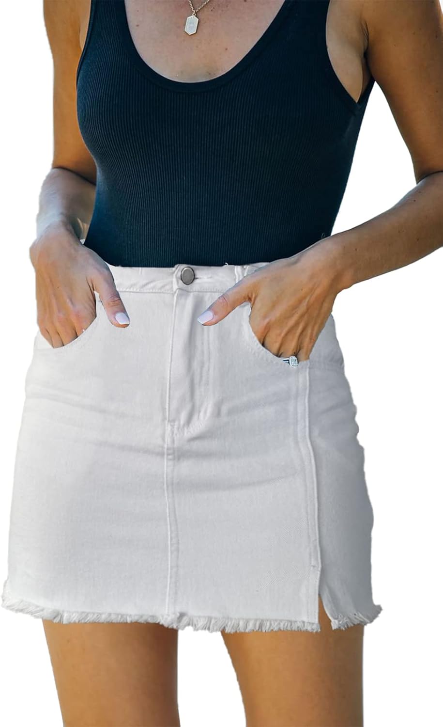 Women’s Denim Mini Skirt High Waist Casual Split Hem Washed Frayed A-line Jean Skirts with Pocket for Women - Image 2