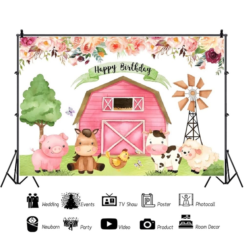 2,2x1,5m Sfondo di buon compleanno Animali della fattoria sfondo fotografico Fienile rosa carino Animale dei cartoni animati Sfondo di fattoria Decorazione per feste di compleanno