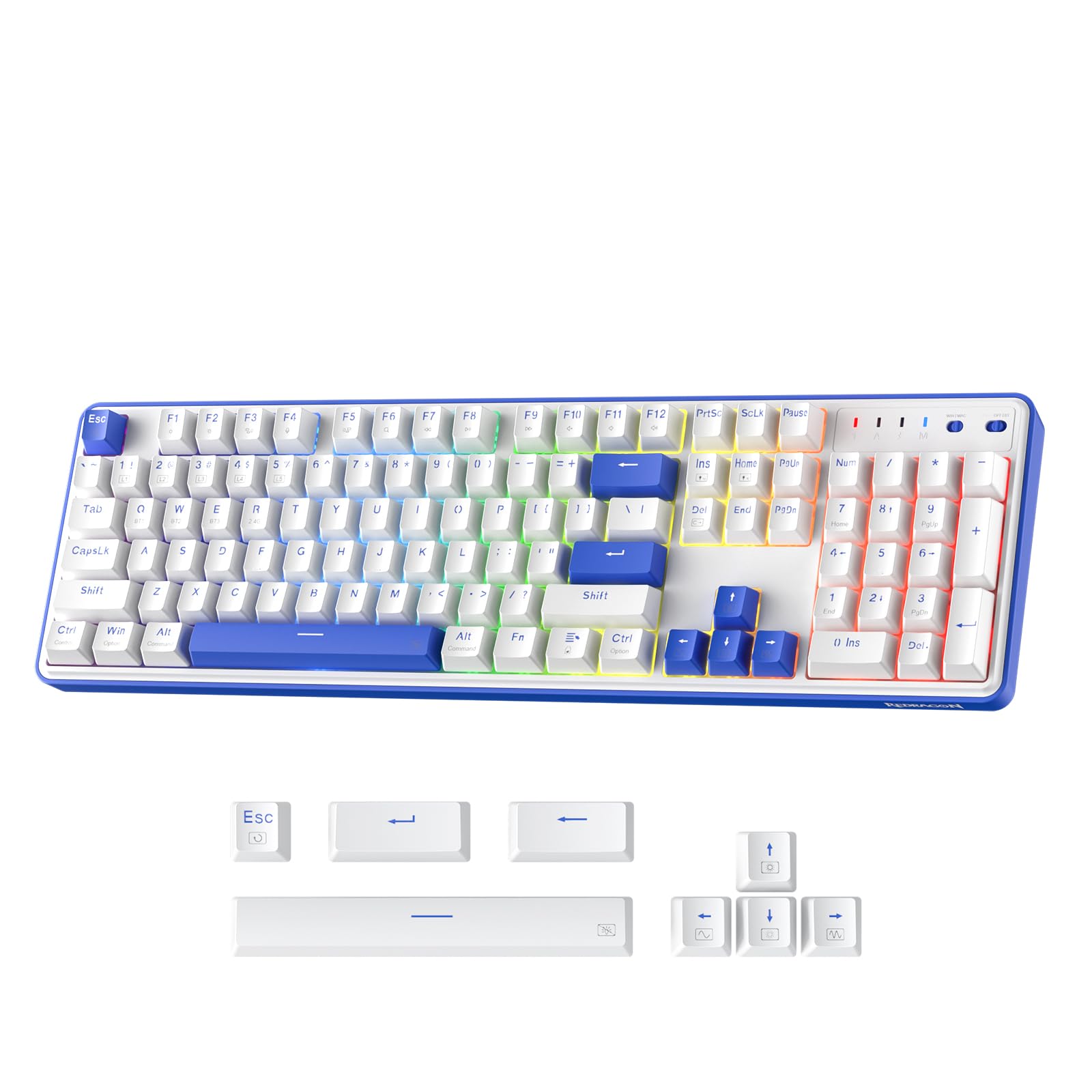 Redragon K685 PRO 104 Keys Wireless Gasket RGB Gaming Keyboard, 3-Modes 100% Layout Mechanical Keyboard w/Hot-Swap Socket, Sound Absorbing Pads & Linear Red Switch, Klein Blue & Oia White